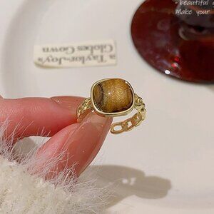 Women’s Real Gold-Plated Adjustable Ring with Amber Stone & Hollow Vintage